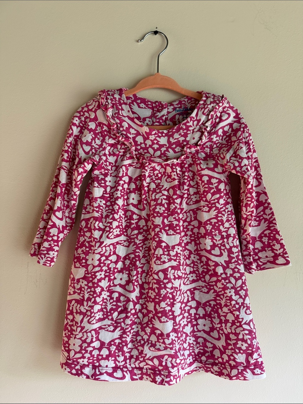 MINI BODEN Pink and White Bird & Floral Forest Long-Sleeve Cotton Dress